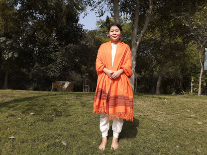 Traditional Handwoven Orange Himalayan Sheep Wool Meditation Shawl,Ethnic Indian Blanket,Himalayan Wrap,Wool Indian Shawl,Kullu Shawl