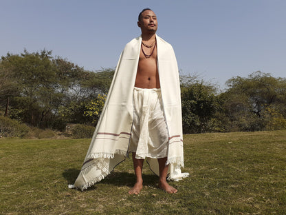 MAHAKUBH Large Traditional Handwoven White Pure Himalayan Sheep Wool Meditation Shawl,Ethnic Himalayan Prayer Wrap,Indian Yoga Shawl