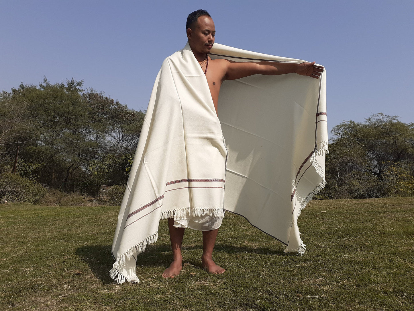 GANESHA Large Handwoven White Pure Himalayan Sheep Wool Meditation Shawl,Handmade Indian/Himalayan Tantrik Prayer Wrap,Himalayan Yoga Shawl,