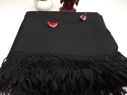Solid Black Handwoven Himalayan Sheep Wool Meditation Shawl,Ethnic Indian Blanket,Handmade Woolen Wrap,Himalayan Wool,Oversized Scarf,