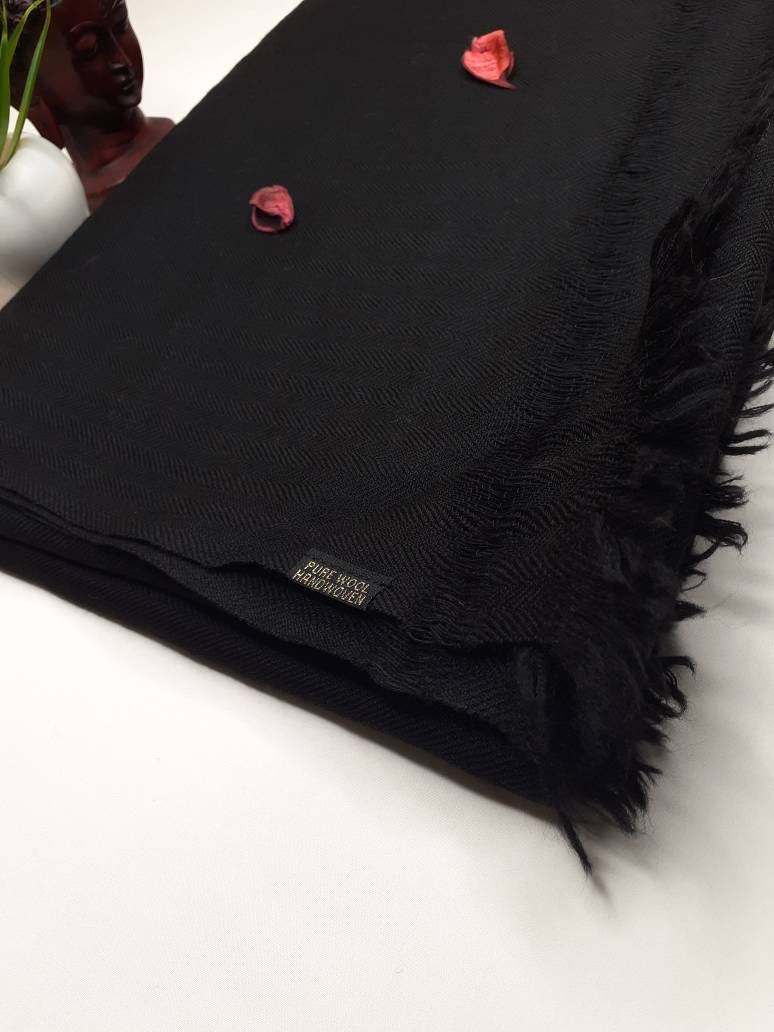 Solid Black Handwoven Himalaya Sheep Wool Meditation Shawl,IndianEthnic Blanket,Handmade Woolen Wrap,Himalayan Wool,Indian Wool Prayer Stole