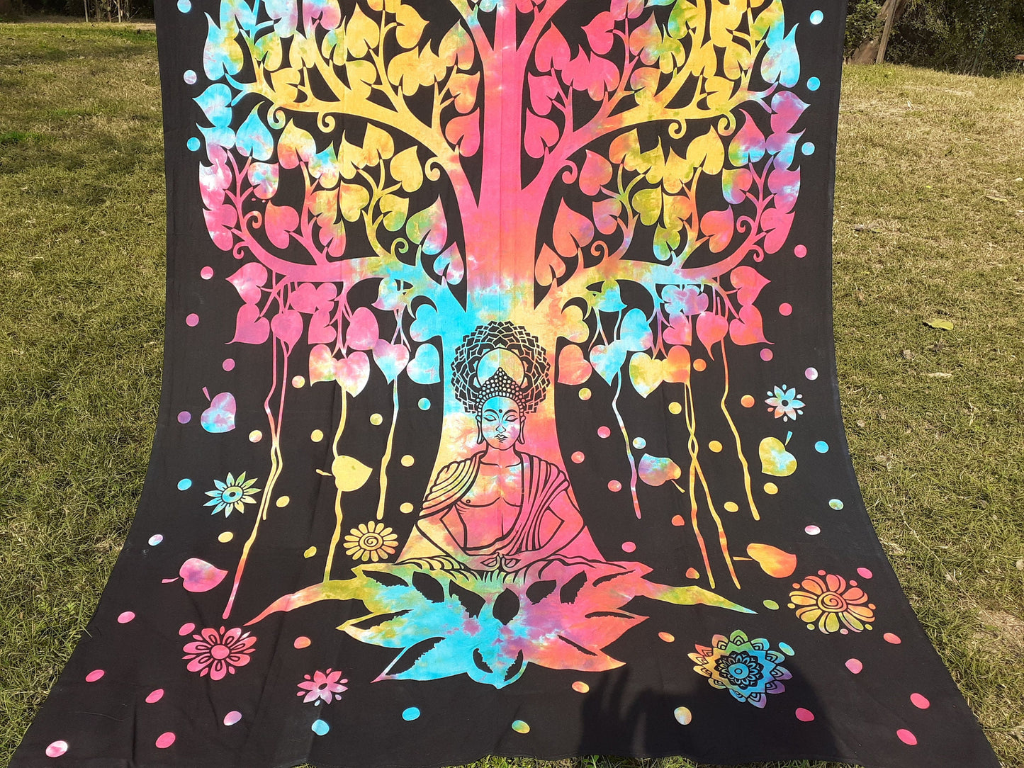 Natural Multi-Color Tie-Dyed Handprinted Buddha Tapestry, Living Room Decor,Spiritual Wall Hanging,Zen Meditation Buddha,Wall Art,