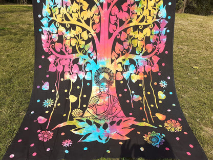 Natural Multi-Color Tie-Dyed Handprinted Buddha Tapestry, Living Room Decor,Spiritual Wall Hanging,Zen Meditation Buddha,Wall Art,