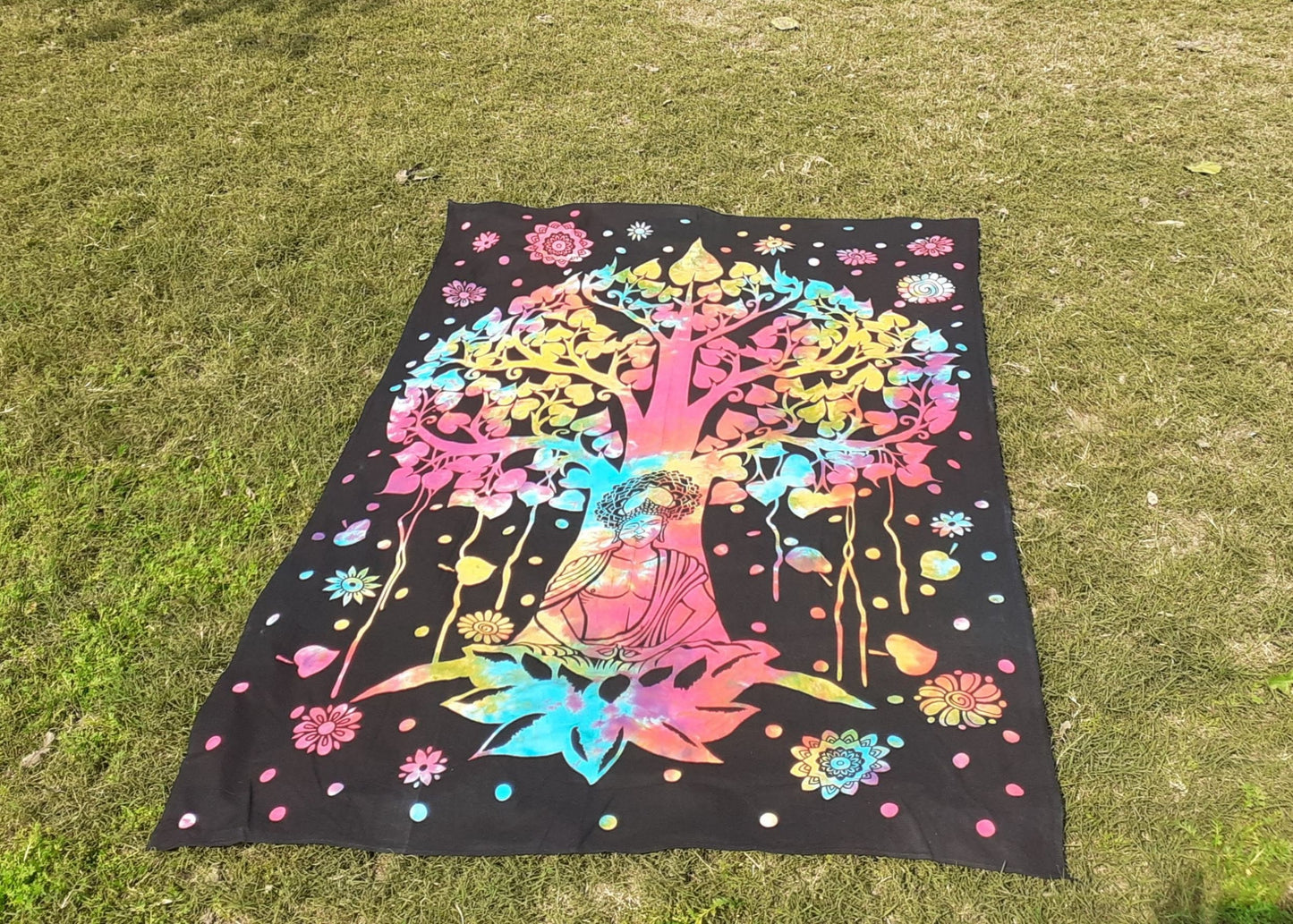 Natural Multi-Color Tie-Dyed Handprinted Buddha Tapestry, Living Room Decor,Spiritual Wall Hanging,Zen Meditation Buddha,Wall Art,