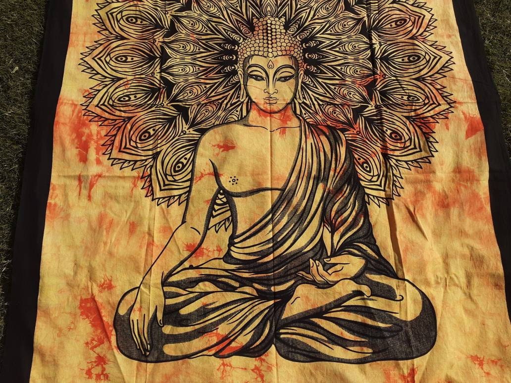 Natural Multi-Color Tie-Dyed Handprinted Buddha Tapestry, Living Room Decor,Spiritual Wall Hanging,Zen Meditation Buddha,Wall Art,