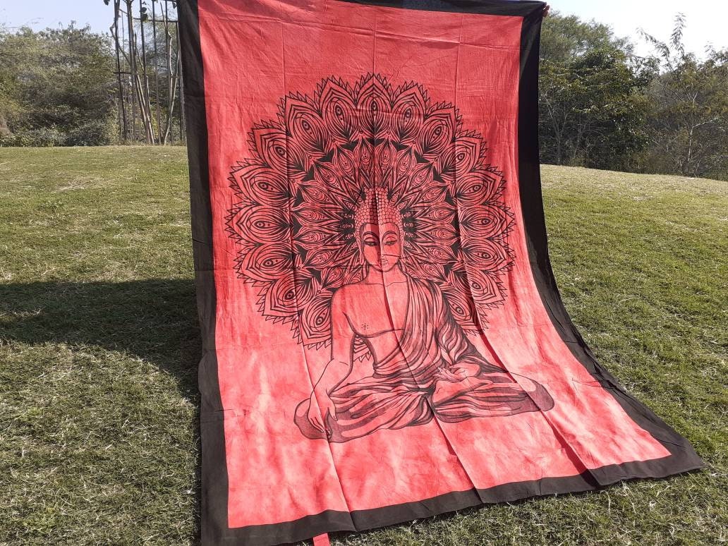 Natural Multi-Color Tie-Dyed Handprinted Buddha Tapestry, Living Room Decor,Spiritual Wall Hanging,Zen Meditation Buddha,Wall Art,