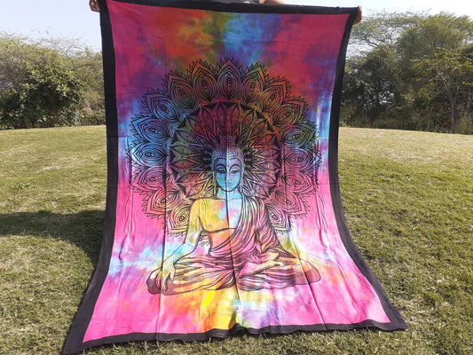 Natural Multi-Color Tie-Dyed Handprinted Buddha Tapestry, Living Room Decor,Spiritual Wall Hanging,Zen Meditation Buddha,Wall Art,