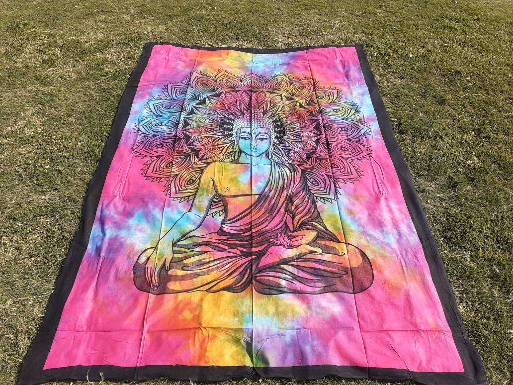 Natural Multi-Color Tie-Dyed Handprinted Buddha Tapestry, Living Room Decor,Spiritual Wall Hanging,Zen Meditation Buddha,Wall Art,