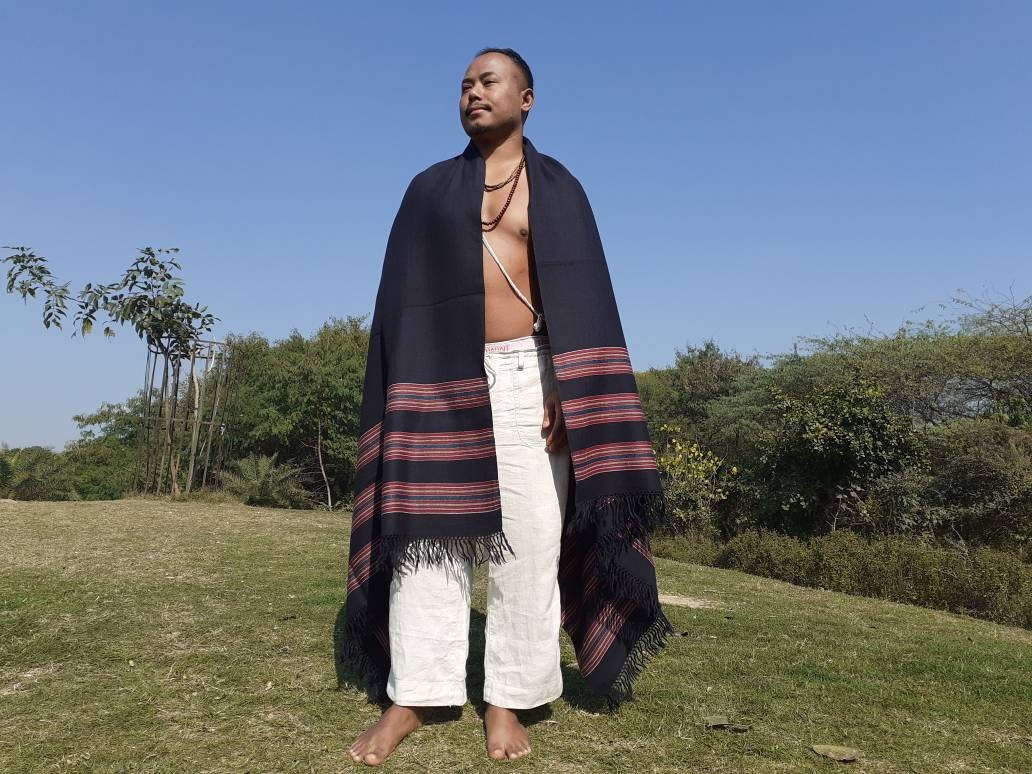 Handwoven Navy Blue Himalayan Sheep Wool Meditation Shawl,Indian Prayer Blanket,Himalayan Wool,Kullu Shawl,Handmade Indian Shawl,