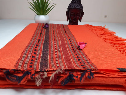 Traditional Handwoven Orange Himalayan Sheep Wool Meditation Shawl,Ethnic Indian Blanket,Himalayan Wrap,Wool Indian Shawl,Kullu Shawl