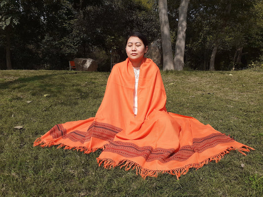 Traditional Handwoven Orange Himalayan Sheep Wool Meditation Shawl,Ethnic Indian Blanket,Himalayan Wrap,Wool Indian Shawl,Kullu Shawl