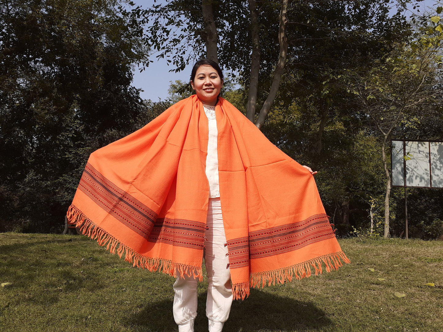 Traditional Handwoven Orange Himalayan Sheep Wool Meditation Shawl,Ethnic Indian Blanket,Himalayan Wrap,Wool Indian Shawl,Kullu Shawl