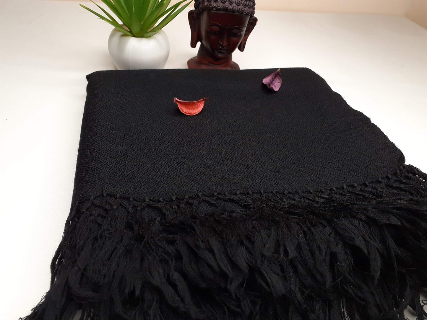 Solid Black Handwoven Himalayan Sheep Wool Meditation Shawl,Ethnic Indian Blanket,Handmade Woolen Wrap,Himalayan Wool,Oversized Scarf,