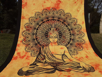 Natural Multi-Color Tie-Dyed Handprinted Buddha Tapestry, Living Room Decor,Spiritual Wall Hanging,Zen Meditation Buddha,Wall Art,