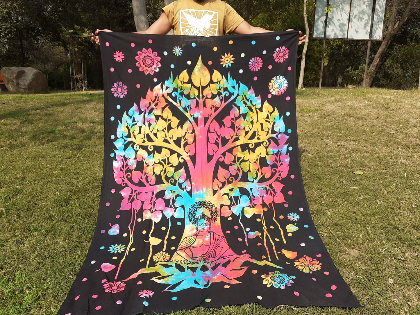 Natural Multi-Color Tie-Dyed Handprinted Buddha Tapestry, Living Room Decor,Spiritual Wall Hanging,Zen Meditation Buddha,Wall Art,