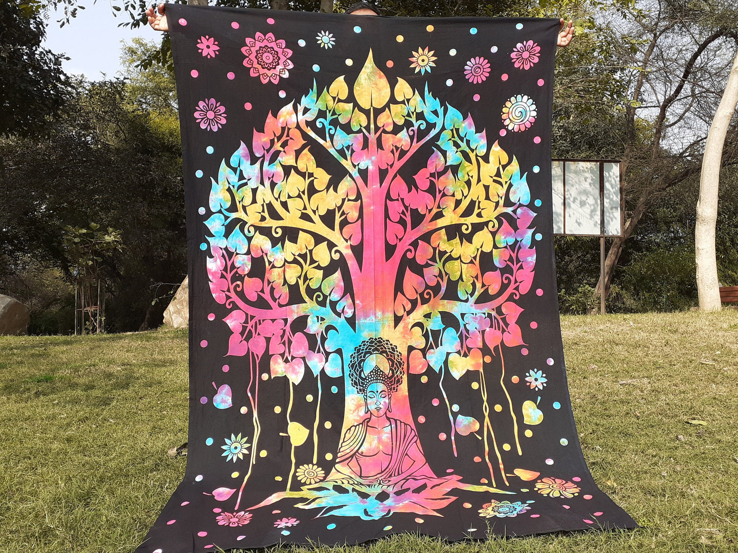 Natural Multi-Color Tie-Dyed Handprinted Buddha Tapestry, Living Room Decor,Spiritual Wall Hanging,Zen Meditation Buddha,Wall Art,