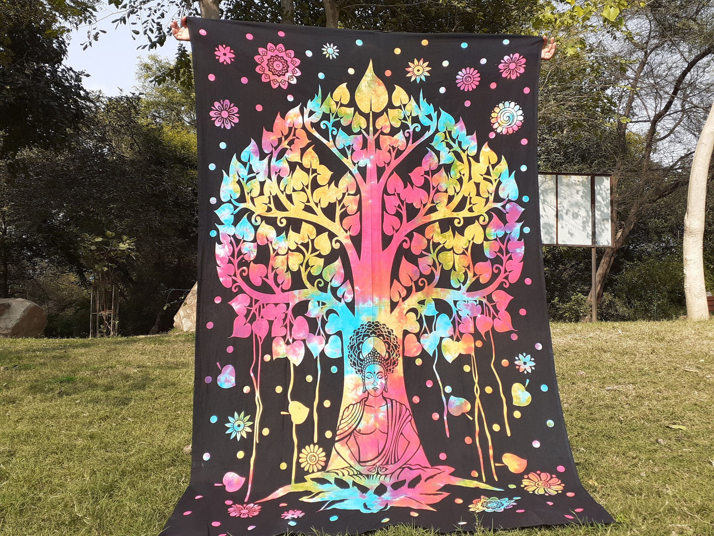 Natural Multi-Color Tie-Dyed Handprinted Buddha Tapestry, Living Room Decor,Spiritual Wall Hanging,Zen Meditation Buddha,Wall Art,