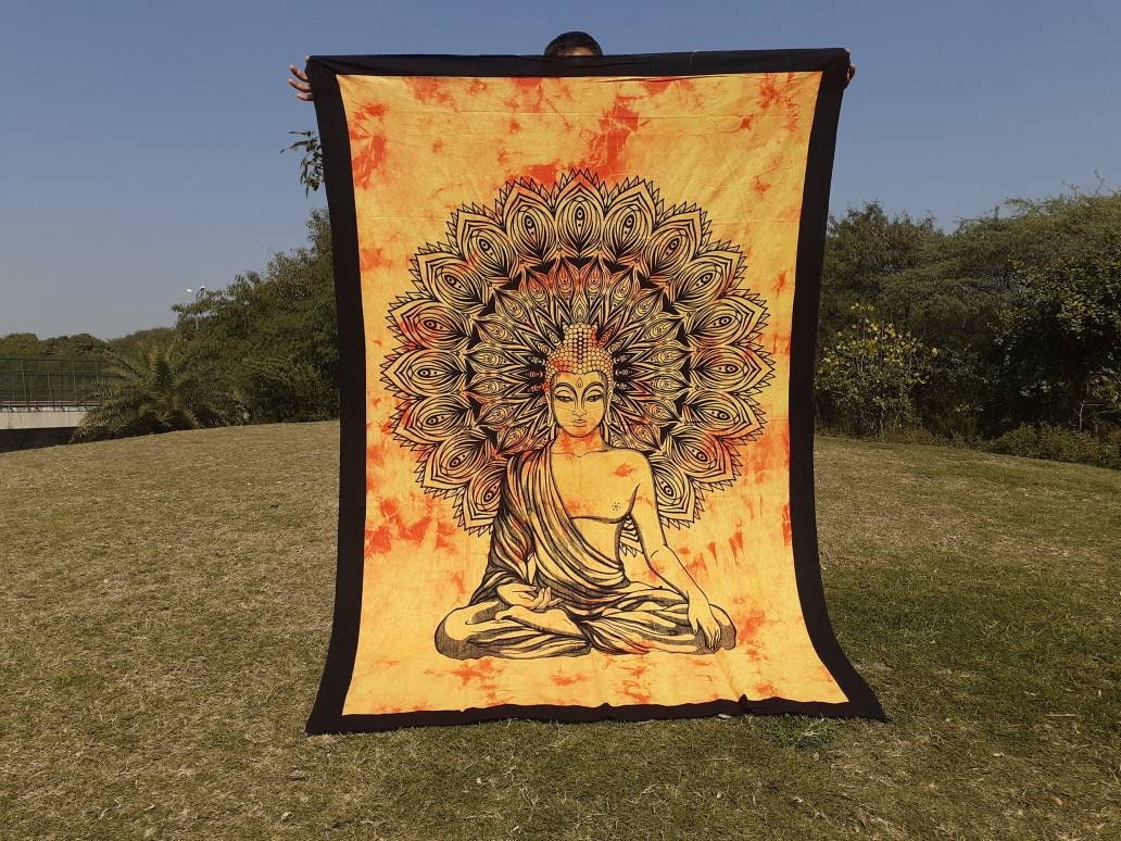 Natural Multi-Color Tie-Dyed Handprinted Buddha Tapestry, Living Room Decor,Spiritual Wall Hanging,Zen Meditation Buddha,Wall Art,