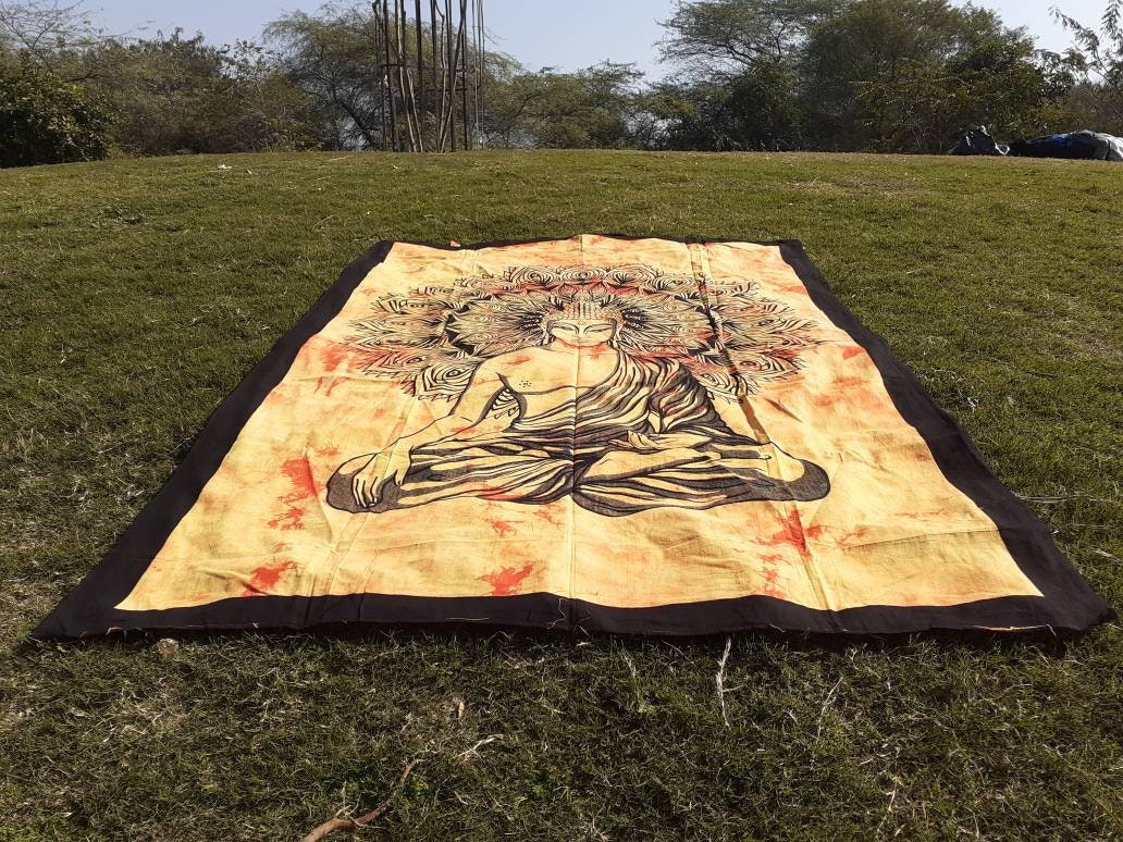 Natural Multi-Color Tie-Dyed Handprinted Buddha Tapestry, Living Room Decor,Spiritual Wall Hanging,Zen Meditation Buddha,Wall Art,