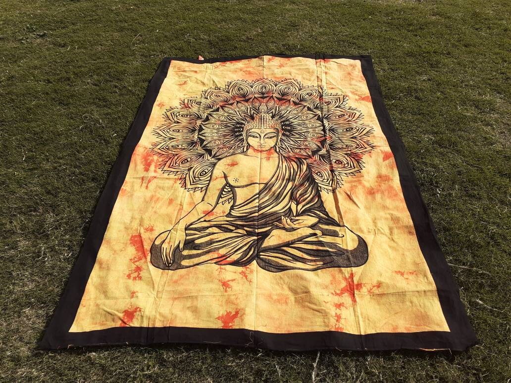 Natural Multi-Color Tie-Dyed Handprinted Buddha Tapestry, Living Room Decor,Spiritual Wall Hanging,Zen Meditation Buddha,Wall Art,