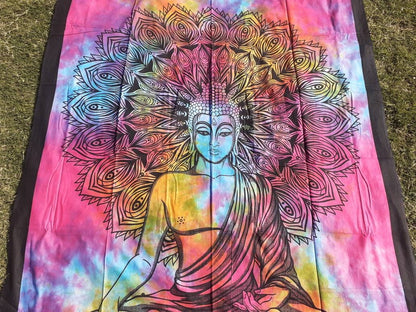 Natural Multi-Color Tie-Dyed Handprinted Buddha Tapestry, Living Room Decor,Spiritual Wall Hanging,Zen Meditation Buddha,Wall Art,