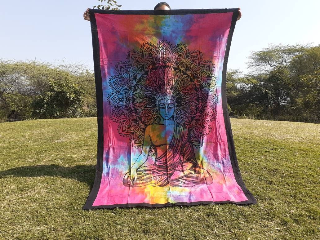 Natural Multi-Color Tie-Dyed Handprinted Buddha Tapestry, Living Room Decor,Spiritual Wall Hanging,Zen Meditation Buddha,Wall Art,