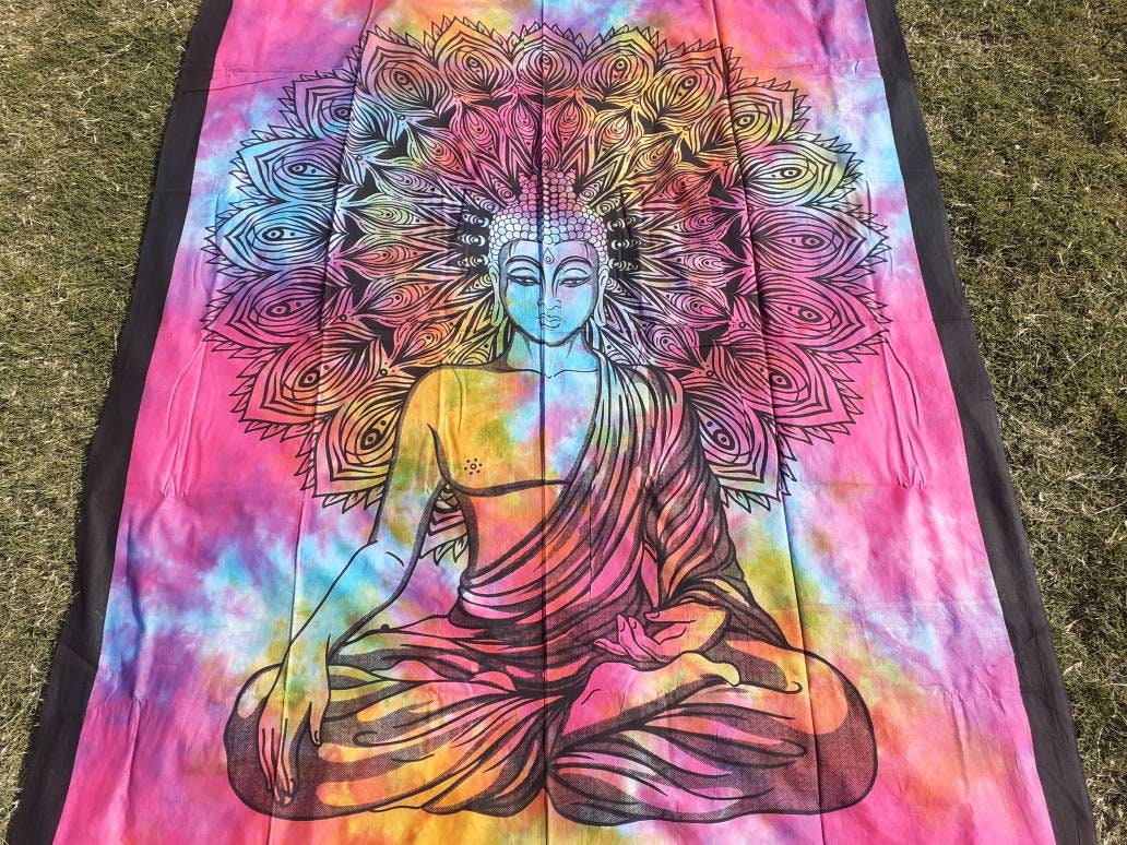 Natural Multi-Color Tie-Dyed Handprinted Buddha Tapestry, Living Room Decor,Spiritual Wall Hanging,Zen Meditation Buddha,Wall Art,