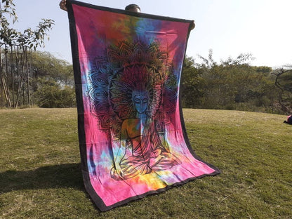 Natural Multi-Color Tie-Dyed Handprinted Buddha Tapestry, Living Room Decor,Spiritual Wall Hanging,Zen Meditation Buddha,Wall Art,