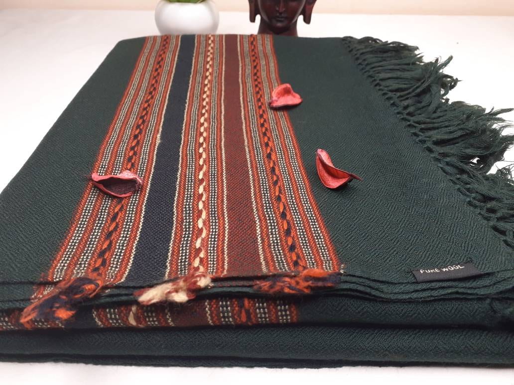 Forest Green Handwoven Pure Himalayan Sheep Wool Meditation Shawl,Himalayan Prayer Blanket,Himalayan Wool,Kullu Shawl,Handmade Indian Shawl