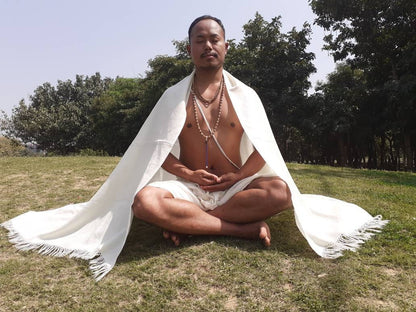 KAILASH Handwoven White Sheep Wool Meditation Shawl,Himalayan Prayer Scarf,Himalayan Wool Stole,Kullu Handmade Indian Shawl,Prayer Scarf