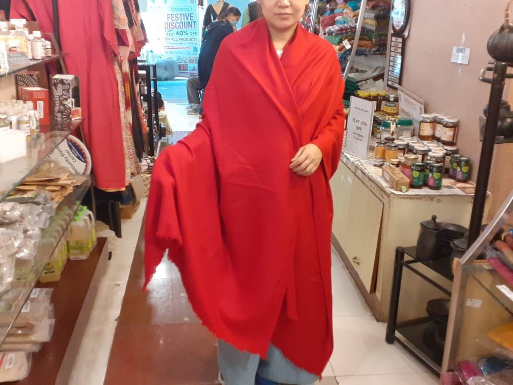 Handwoven Red Pure Pashmina Wool Meditation Shawl,Cashmere Pashima Prayer Blanket, Himalayan Cashmere Scarf, Pashmina Wool Wrap
