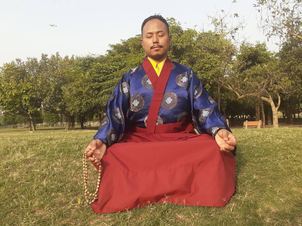 Custom-Made Cotton Brocade Layman Buddhist Meditation Robe Set,Monastry Style Zen Prayer Costume,Tibetan Monk Spiritual Temple Clothing