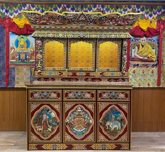 Handcarved Foldable Wooden Tibetan Buddhist Altar Cabinet,Tibetan Prayer Alter Table,Tibetan Buddhist Altar Desk with Auspicious Symbols,