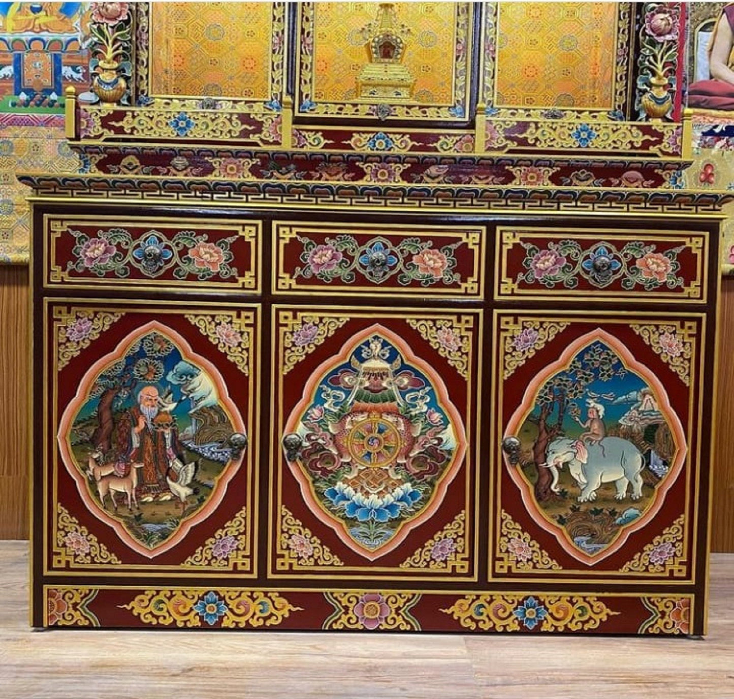 Handcarved Foldable Wooden Tibetan Buddhist Altar Cabinet,Tibetan Prayer Alter Table,Tibetan Buddhist Altar Desk with Auspicious Symbols,