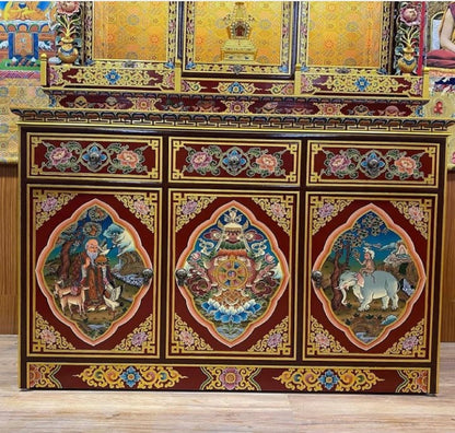 Handcarved Foldable Wooden Tibetan Buddhist Altar Cabinet,Tibetan Prayer Alter Table,Tibetan Buddhist Altar Desk with Auspicious Symbols,