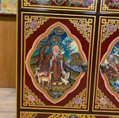 Handcarved Foldable Wooden Tibetan Buddhist Altar Cabinet,Tibetan Prayer Alter Table,Tibetan Buddhist Altar Desk with Auspicious Symbols,