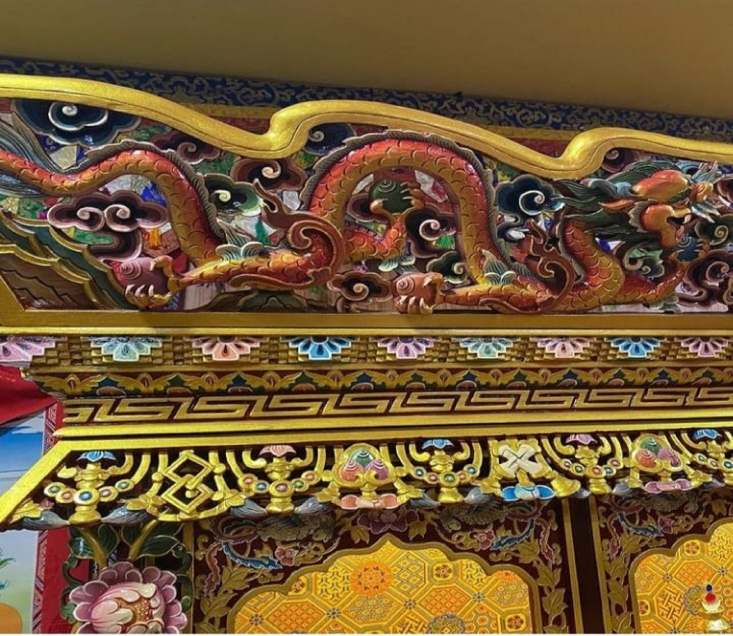 Handcarved Foldable Wooden Tibetan Buddhist Altar Cabinet,Tibetan Prayer Alter Table,Tibetan Buddhist Altar Desk with Auspicious Symbols,