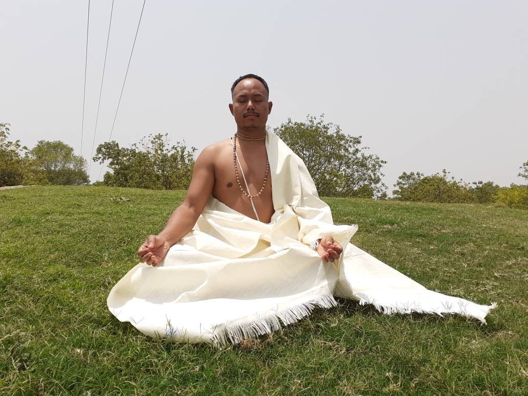 AHIMSA X-Large Traditional Handspun/ Handwoven White Pure Raw Eri Silk Meditation Shawl,Ethical Peace Silk Zen,Non- Violent Silk Prayer Wrap