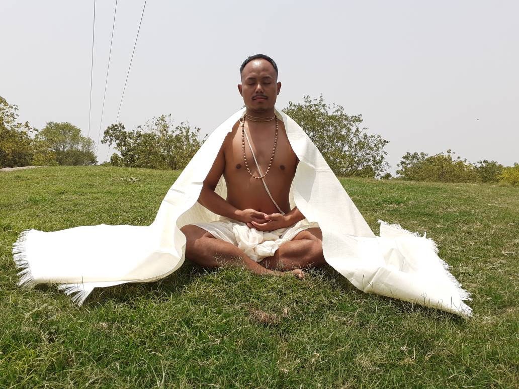 AHIMSA X-Large Traditional Handspun/ Handwoven White Pure Raw Eri Silk Meditation Shawl,Ethical Peace Silk Zen,Non- Violent Silk Prayer Wrap