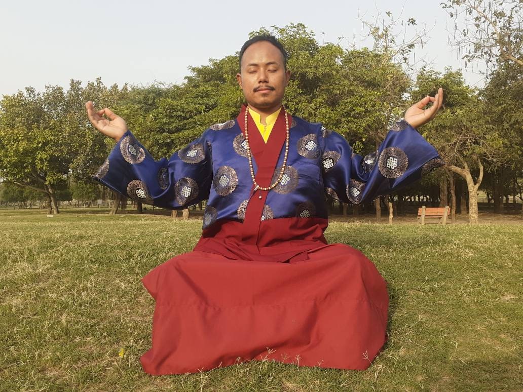 Custom-Made Cotton Brocade Layman Buddhist Meditation Robe Set,Monastry Style Zen Prayer Costume,Tibetan Monk Spiritual Temple Clothing