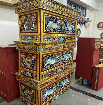 Handcarved And Hand Painted Foldable Wooden Tibetan Buddhist Altar,Tibetan Alter Table,Tibetan Buddhist Altar Desk with Auspicious Symbols,