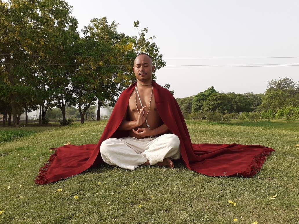 BUDDHA X-Large Handwoven Burgundy Red Buddhist Lama Monk  Sheep Wool Meditation Shawl,Himalayan Prayer Blanket,Tibetan Prayer Wrap,Monk Zen