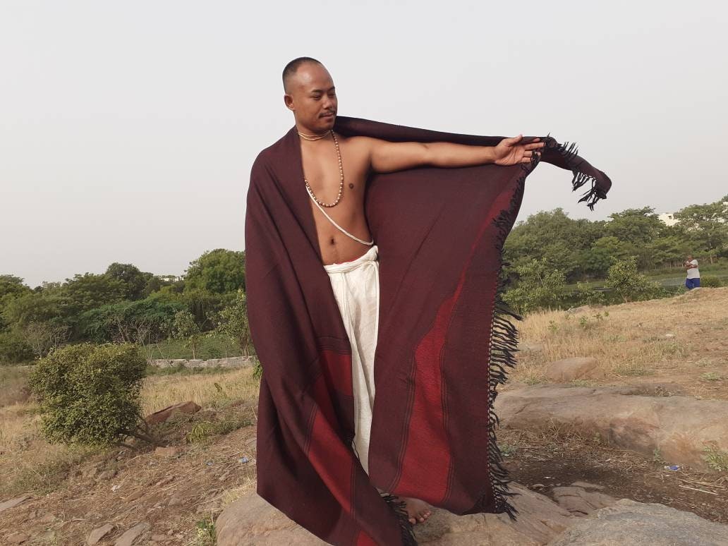 BODHISATTVA X-Large Handwoven Dark Red Pure Himalayan Sheep Wool Buddhist Meditation Shawl,Ethnic Indian Himalayan Prayer Yoga Blanket/Wrap