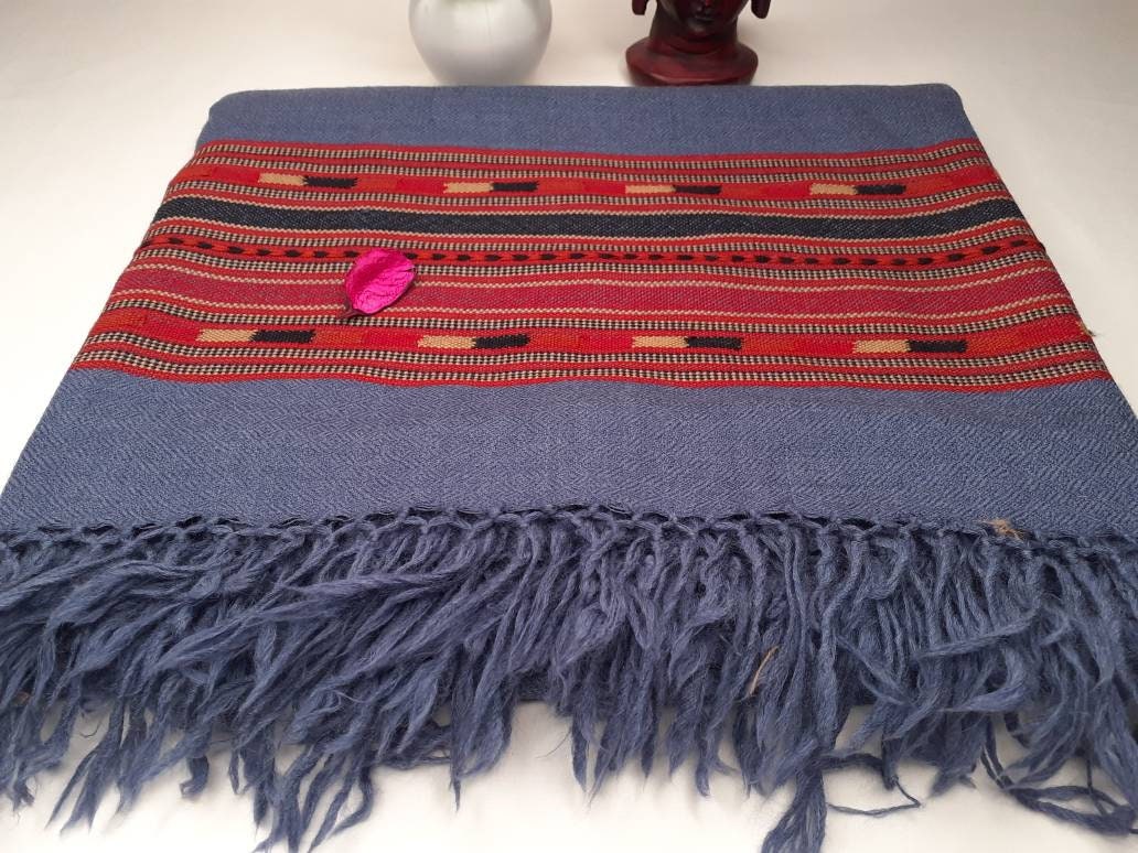 Handwoven Blue Pure Himalayan Sheep Wool Meditation Shawl,Ethnic Indian Wool Scarf,Himalayan Wool Wrap,Handmade Indian Shawl,Kullu Shawl