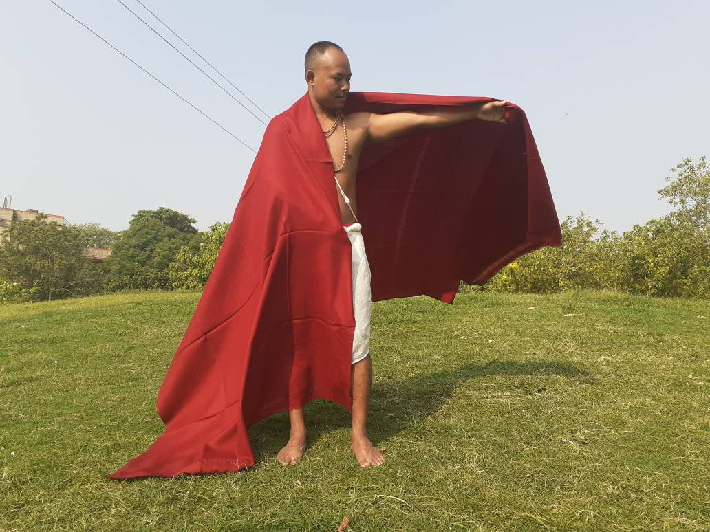 LAMA X-Large Burgundy Red Pure Himalayan Sheep Wool Tibetan Buddhist Monk Meditation Shawl,Himalayan Prayer Blanket,Wool Buddhist Monk Wrap