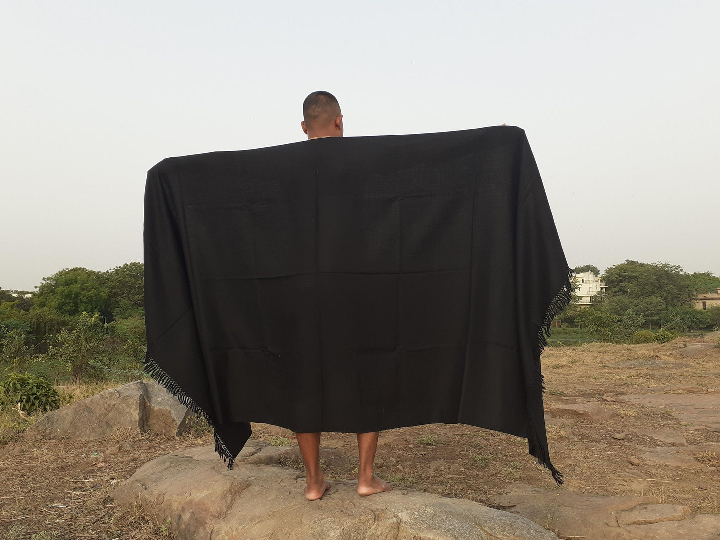 PATAAL X-Large Handwoven Black Plain Himalayan Sheep Wool Meditation Shawl,Himalayan Prayer Blanket,Wool Prayer Wrap,Ethnic Indian Blanket