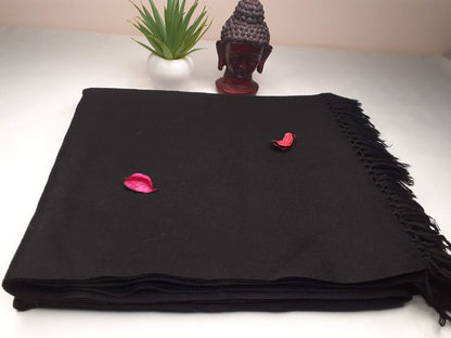 PATAAL X-Large Handwoven Black Plain Himalayan Sheep Wool Meditation Shawl,Himalayan Prayer Blanket,Wool Prayer Wrap,Ethnic Indian Blanket