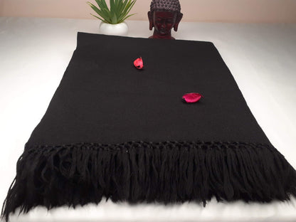 PATAAL X-Large Handwoven Black Plain Himalayan Sheep Wool Meditation Shawl,Himalayan Prayer Blanket,Wool Prayer Wrap,Ethnic Indian Blanket