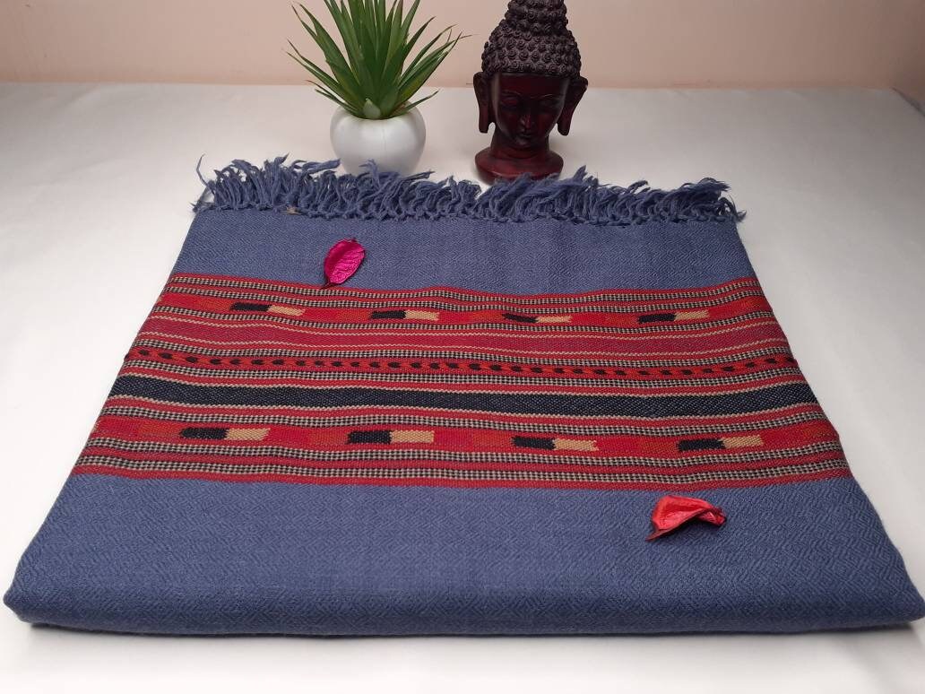 Handwoven Blue Pure Himalayan Sheep Wool Meditation Shawl,Ethnic Indian Wool Scarf,Himalayan Wool Wrap,Handmade Indian Shawl,Kullu Shawl