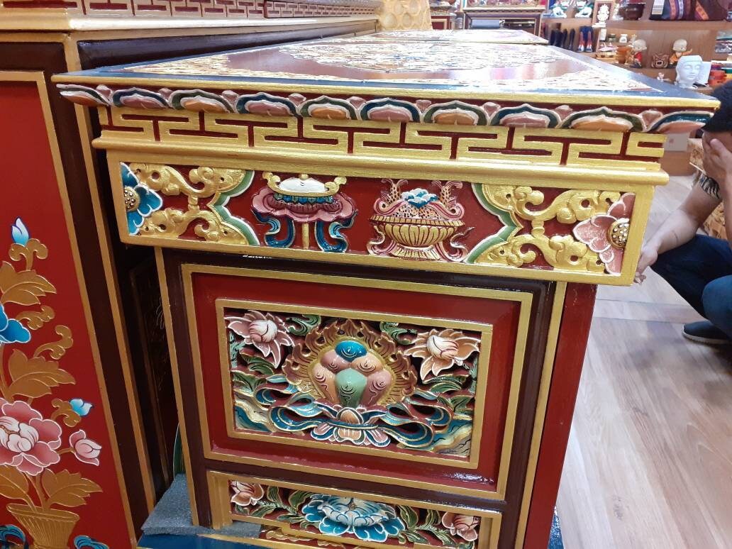 Handcarved Foldable Wooden Tibetan Buddhist Altar,Prayer table,Tibetan Alter Table,Tibetan Buddhist Altar Desk with Auspicious Symbols